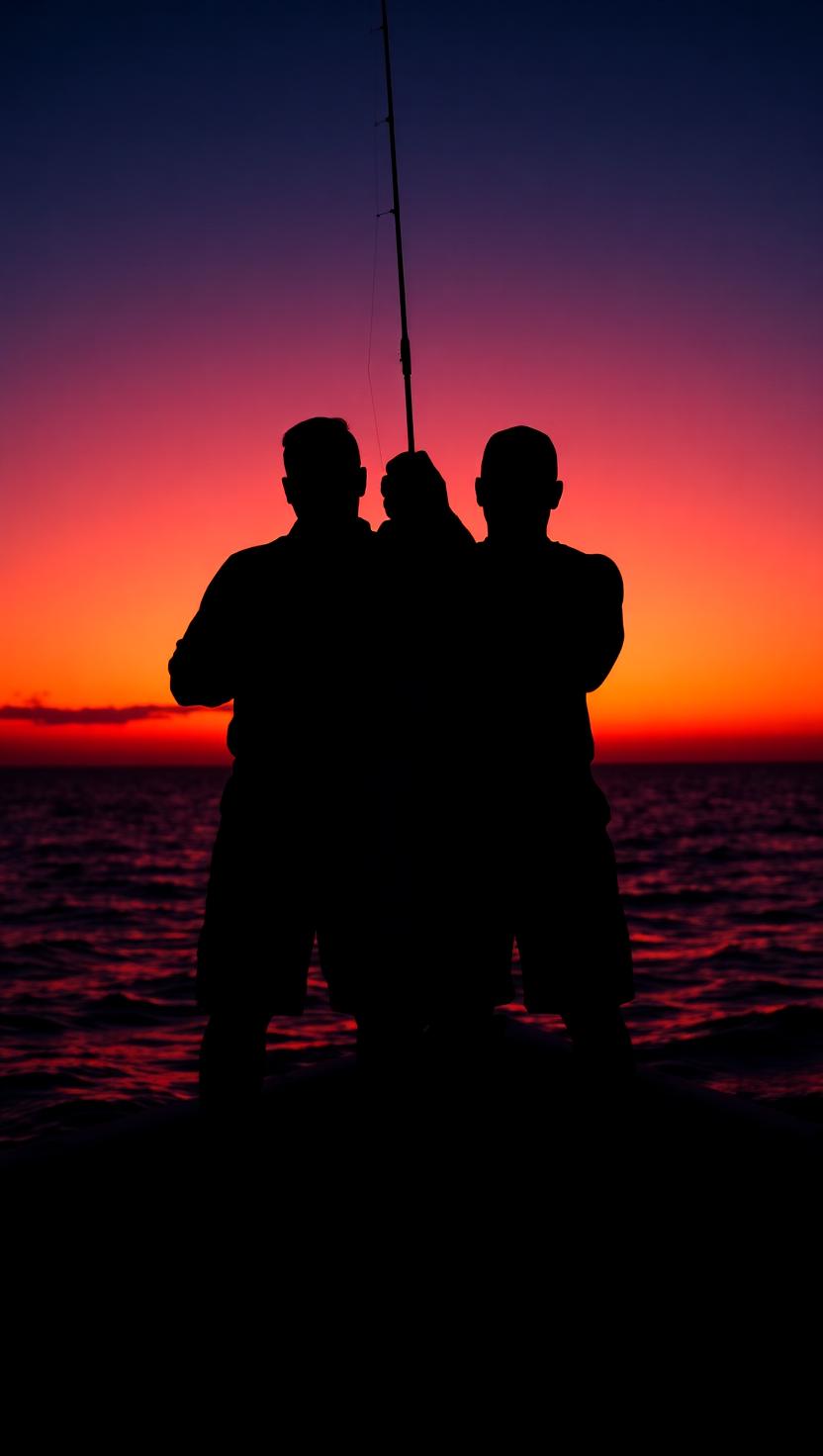 Two anglers in silhouette holding a mahi mahi at sunset
